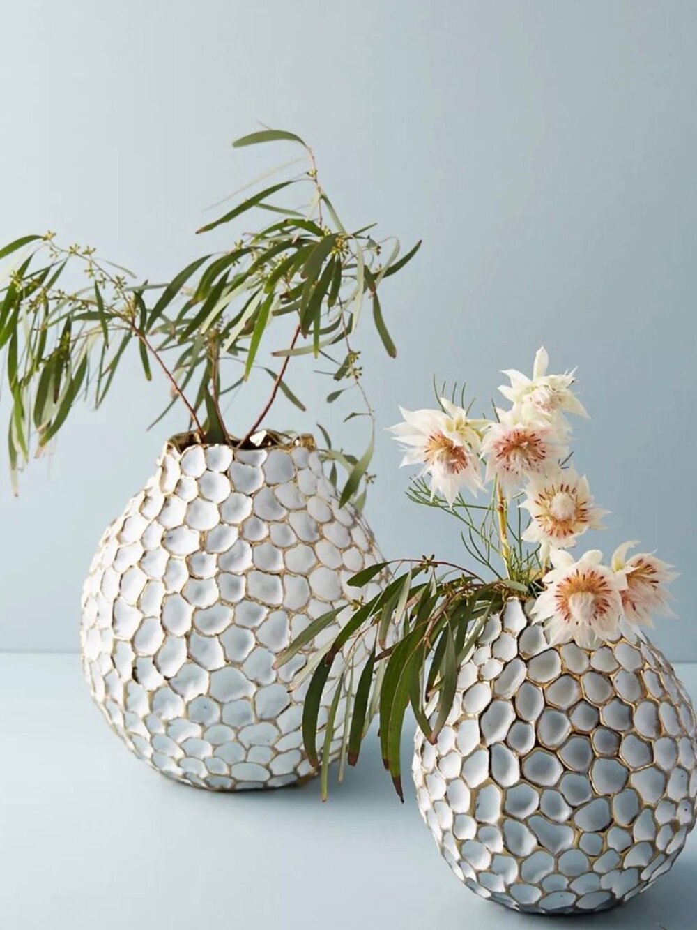 ANTHROPOLOGIE Honeycomb Textured Stoneware White Gold Decorative Vase OS